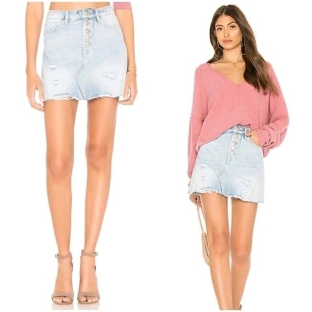 Free People Denim A-Line Mini‎ Frayed Hem Distressed Skirk